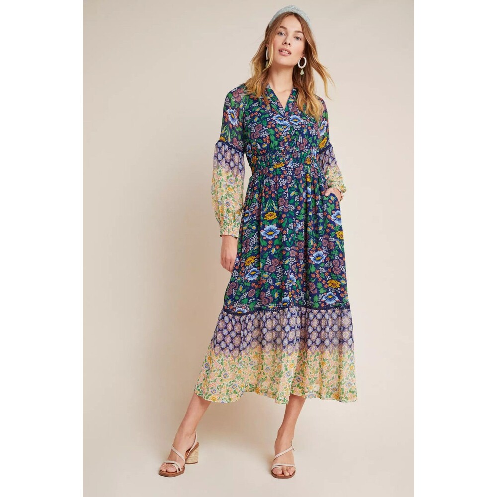 Maeve Ondine Dress Womens Small Blue Floral Button Shirt Maxi Smocked Waist Boho